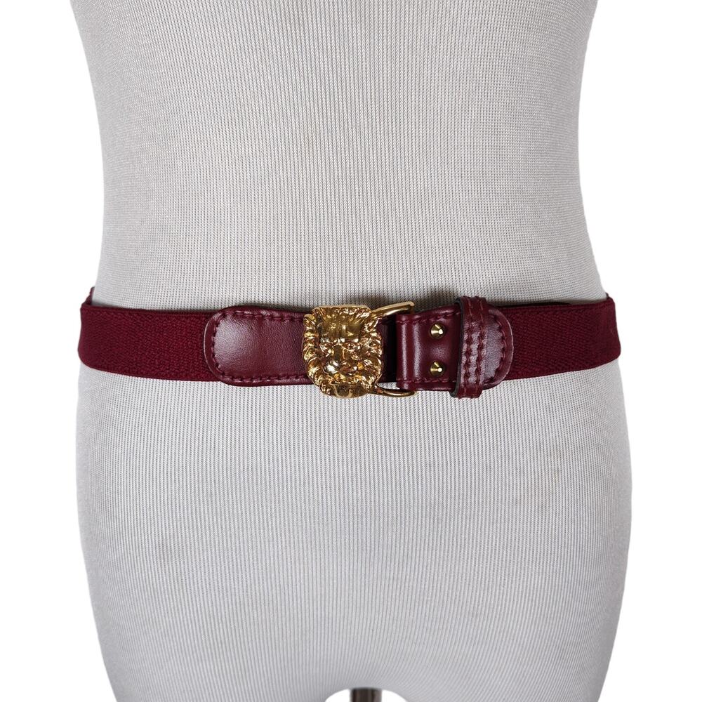 Vintage Anne Klein Lion Head Belt Red Stretch Elastic Gold Tone Size L